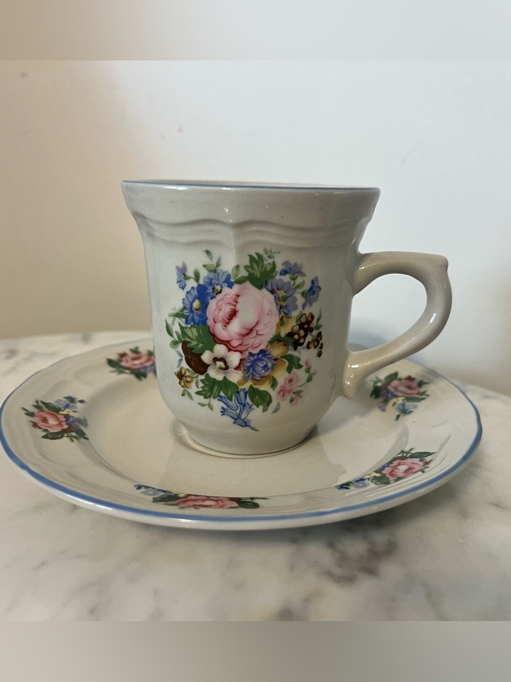 Tabletops Unlimited Victorian Rose Floral, Ceramic, Teacup/ Saucer Cottage Core